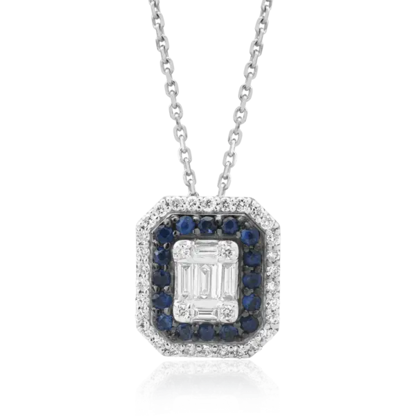 Lant cu pandantiv din aur alb cu diamante baguette si rotunde de 0.74ct si safire de 0.222ct