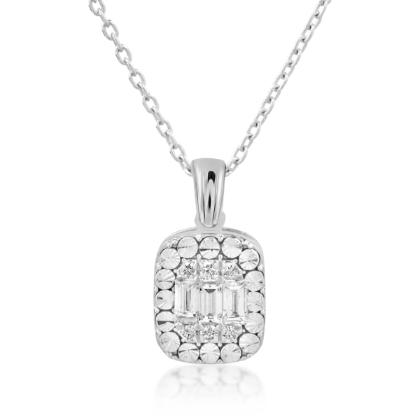 Lant cu pandantiv din aur alb cu diamante baguette si rotunde de 0.28ct