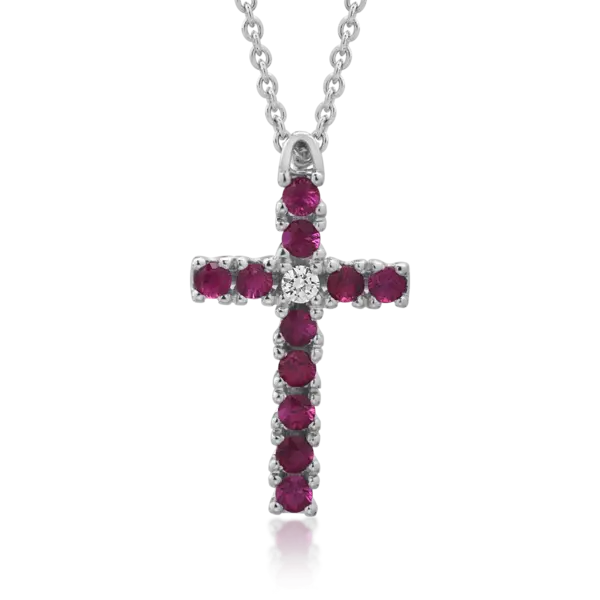 Lant cu pandantiv din aur alb cu rubine de 0.4ct si diamant de 0.03ct