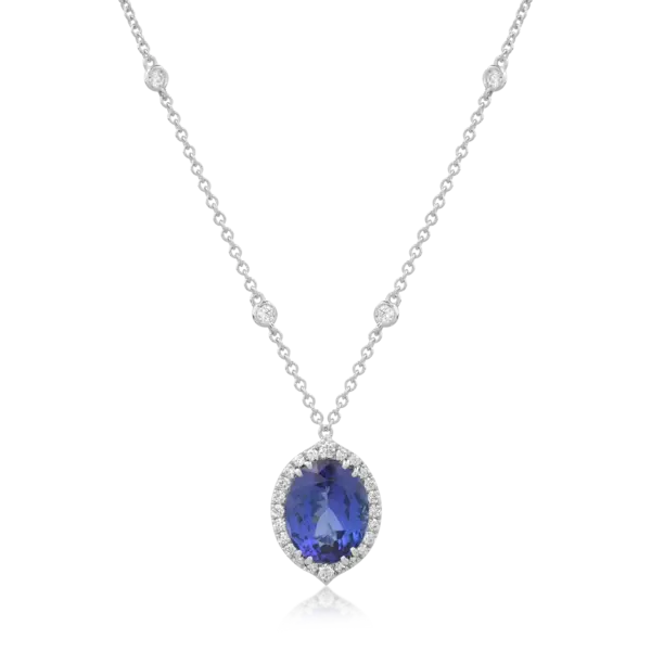 Lant cu pandantiv din aur alb cu tanzanit oval de 4.2ct si diamante de 0.5ct