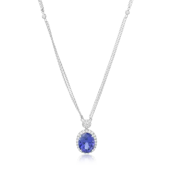 Lant cu pandantiv din aur alb cu tanzanit oval de 6.04ct si diamante de 0.58ct