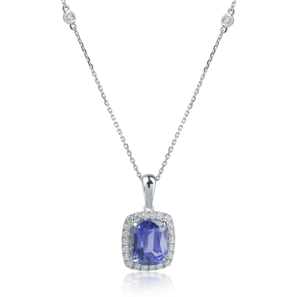 Lant cu pandantiv din aur alb cu tanzanit rectangular de 4.76ct si diamante de 0.45ct