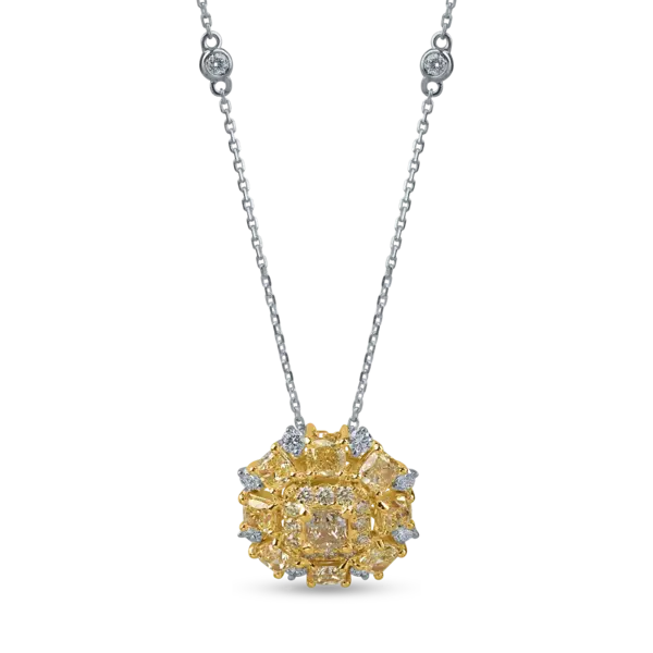 Lant cu pandantiv din aur alb-galben cu diamante galbene cushion si rotunde si diamante incolore de 3ct