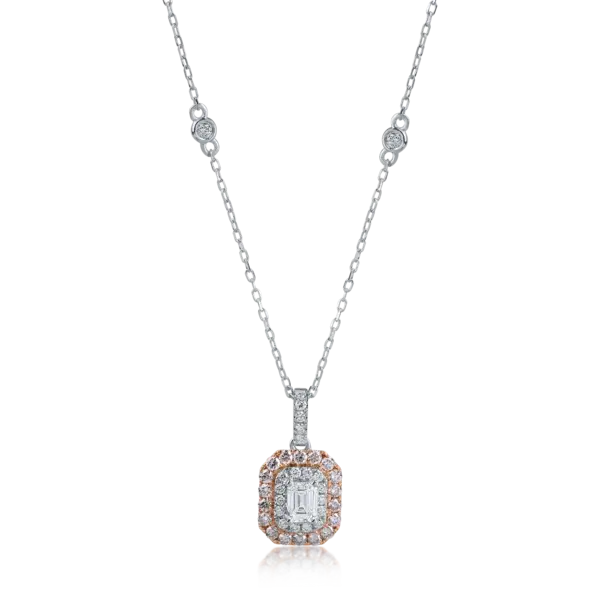 Lant cu pandantiv din aur alb-roz cu diamante roz emerald si rotunde de 0.61ct si diamante transparente de 0.18ct