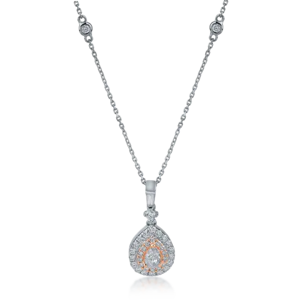 Lant cu pandantiv din aur alb-roz cu diamante roz pear si rotunde de 0.4ct si diamante incolore baguette si rotunde de 0.4ct