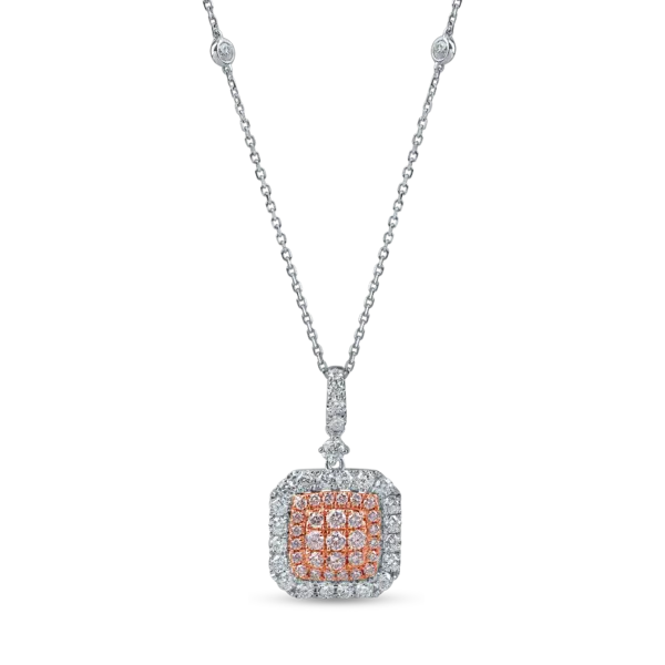 Lant cu pandantiv din aur alb-roz cu diamante roz si incolore de 1ct