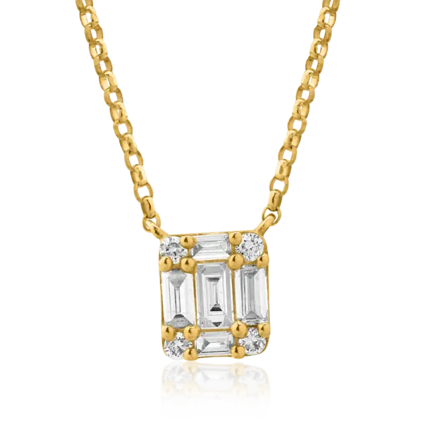Lant cu pandantiv din aur galben cu diamante baguette si rotunde de 0.27ct