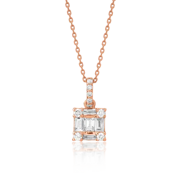 Lant cu pandantiv din aur roz cu diamante baguette si rotunde de 0.15ct