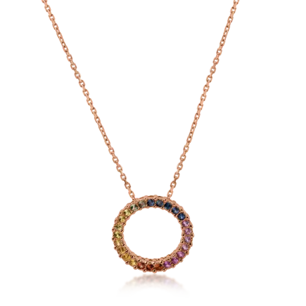 Lant cu pandantiv din aur roz cu safire multicolore de 0.54ct