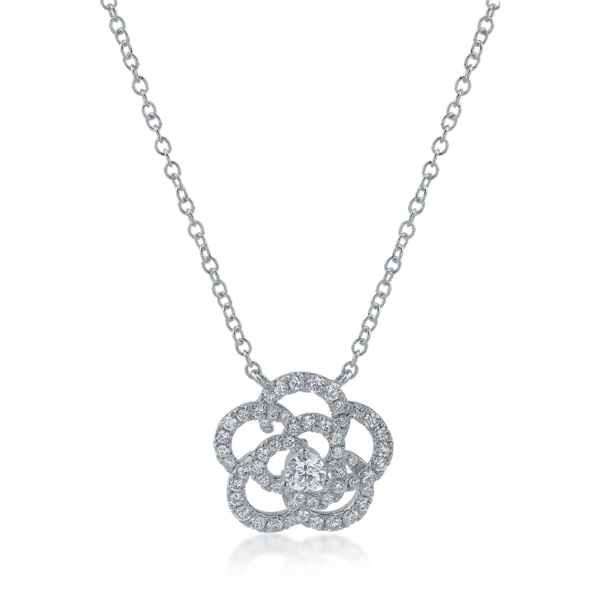 Lant cu pandantiv floare din aur alb cu diamante de 0.54ct