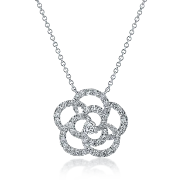 Lant cu pandantiv floare din aur alb cu diamante de 0.91ct