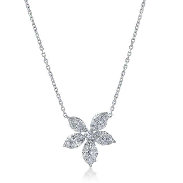 Lant cu pandantiv floare din aur alb cu diamante princess, marquise si rotunde de 0.86ct
