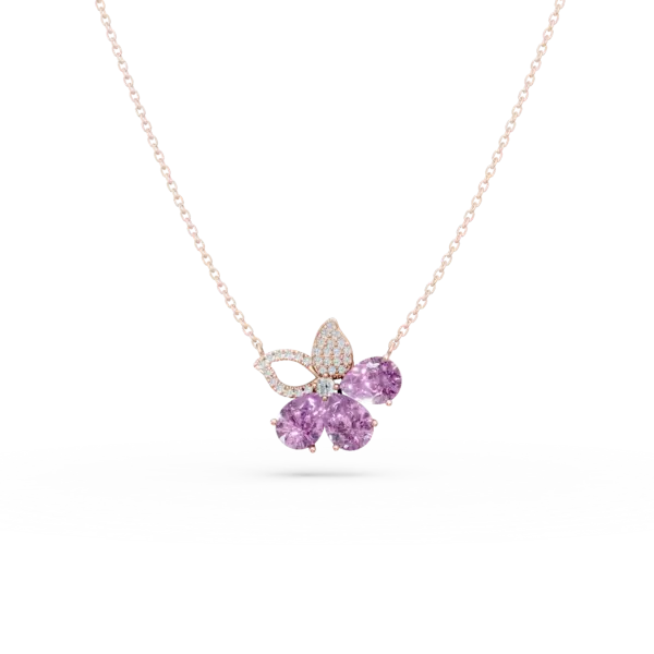 Lant cu pandantiv floare din aur roz cu ametiste pear de 3.4ct si diamante de 0.2ct