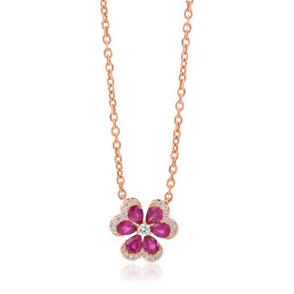 Lant cu pandantiv floare din aur roz cu rubine pear de 1ct si diamante de 0.16ct