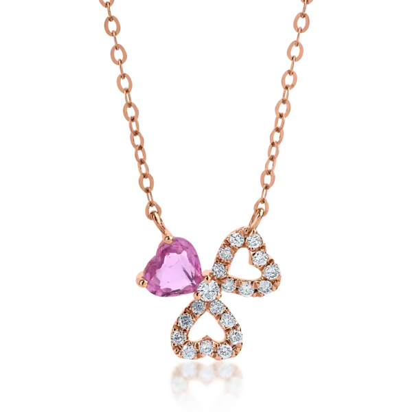Lant cu pandantiv floral din aur roz cu safir roz de 0.31ct si diamante de 0.11ct