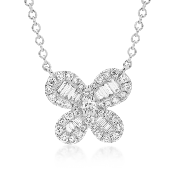 Lant cu pandantiv fluture din aur alb cu diamante de 0.45ct