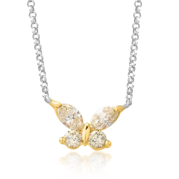 Lant cu pandantiv fluture din aur alb-galben cu diamante galbene de 0.58ct