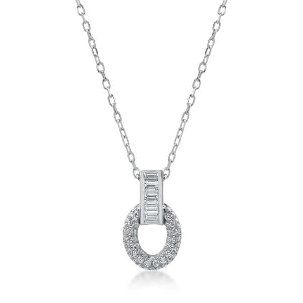 Lant cu pandantiv geometric din aur alb cu diamante baguette si rotunde de 0.51ct
