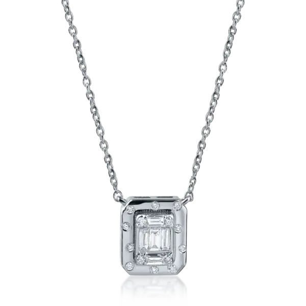 Lant cu pandantiv geometric din aur alb cu diamante baguette si rotunde de 0.1ct