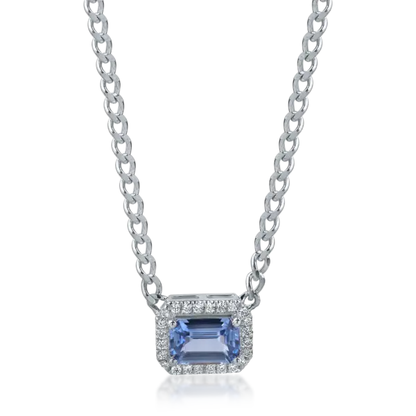 Lant cu pandantiv geometric din aur alb cu safir albastru-deschis square de 0.6ct si diamante de 0.06ct
