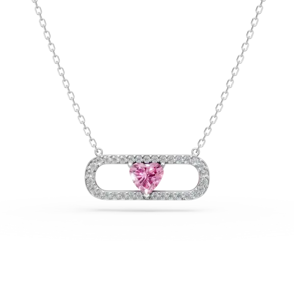 Lant cu pandantiv geometric din aur alb cu zirconii roz si transparente