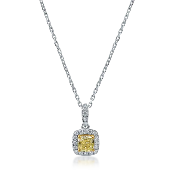 Lant cu pandantiv geometric din aur alb-galben cu diamante galbene square si incolore de 0.4ct
