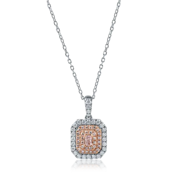 Lant cu pandantiv geometric din aur alb-roz cu diamante roz rectangulare si rotunde si diamante incolore de 0.6ct