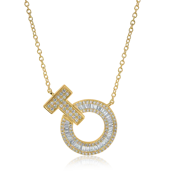 Lant cu pandantiv geometric din aur galben cu diamante baguette si rotunde de 0.6ct