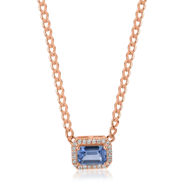 Lant cu pandantiv geometric din aur roz cu safir albastru-deschis square de 0.5ct si diamante de 0.06ct