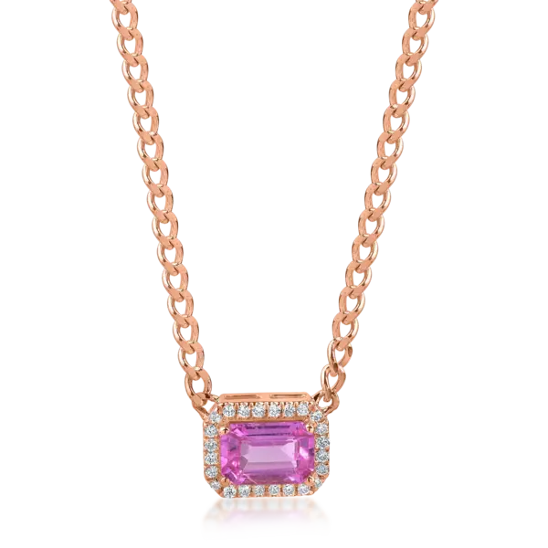 Lant cu pandantiv geometric din aur roz cu safir roz rectangular de 0.6ct si diamante de 0.06ct