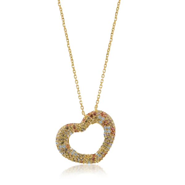Lant cu pandantiv inima din aur galben cu safire multicolore de 0.69ct si diamante de 0.11ct