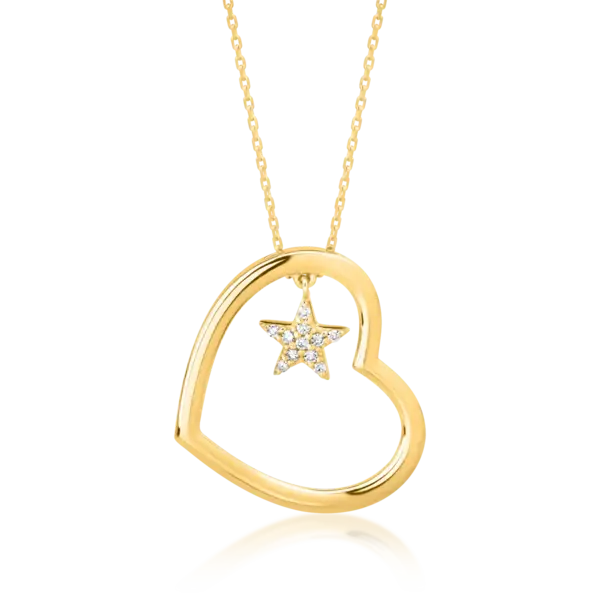 Lant cu pandantiv inima si steluta din aur galben cu diamante de 0.04ct