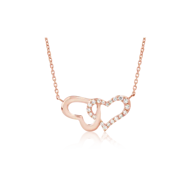 Lant cu pandantiv inimioare din aur roz cu diamante de 0.052ct