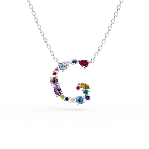 Lant cu pandantiv initiala G din aur alb cu pietre pretioase si semipretioase de 1.2ct