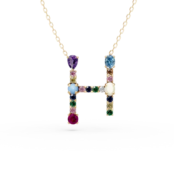 Lant cu pandantiv initiala H din aur galben cu pietre pretioase si semipretioase de 0.9ct