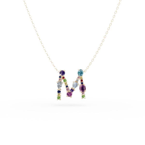 Lant cu pandantiv initiala M din aur galben cu pietre pretioase si semipretioase de 1.6ct
