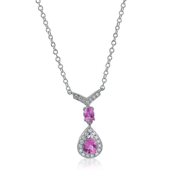 Lant cu pandantiv lacrima din aur alb cu safire roz pear si oval de 0.57ct si diamante de 0.11ct