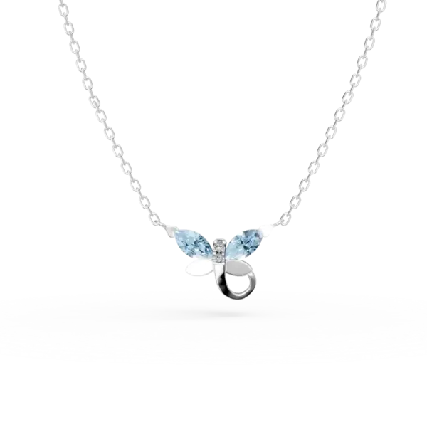 Lant cu pandantiv libelula din aur alb cu topaze albastre marquise de 0.3ct si diamante de 0.008ct pentru copii