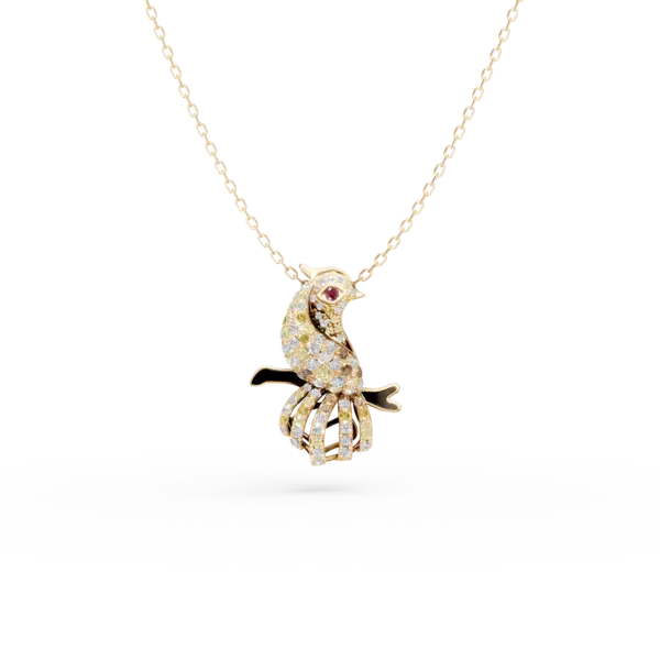 Lant cu pandantiv pasare din aur galben cu diamante multicolore de 0.16ct si rubin de 0.03ct
