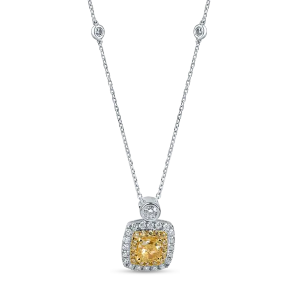 Lant cu pandantiv patrat din aur alb-galben cu diamante galbene galbene cushion si rotunde si diamante incolore de 1.3ct