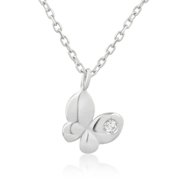 Lant cu pandantiv pentru copii cu fluturas din aur alb cu diamant de 0.02ct