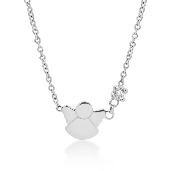 Lant cu pandantiv pentru copii cu ingeras din aur alb cu diamant de 0.02ct