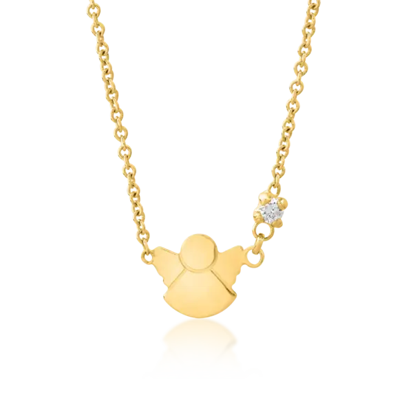 Lant cu pandantiv pentru copii cu ingeras din aur galben cu diamant de 0.02ct