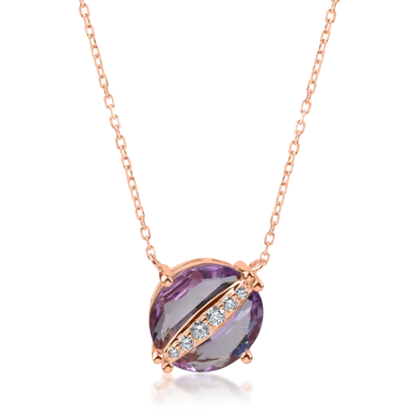 Lant cu pandantiv rotund din aur roz cu ametist de 1.41ct si diamante de 0.08ct