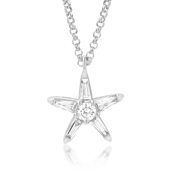 Lant cu pandantiv steluta din aur alb cu diamante baguette si rotunde de 0.27ct