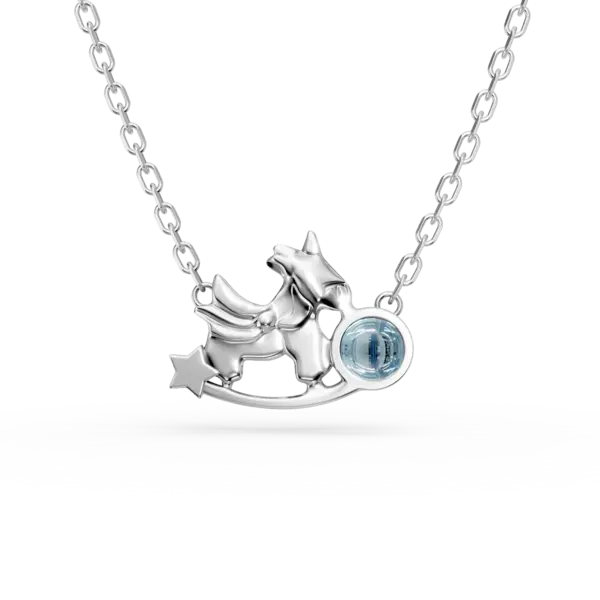 Lant cu pandantiv unicorn din aur alb cu topaz albastru de 0.2ct pentru copii