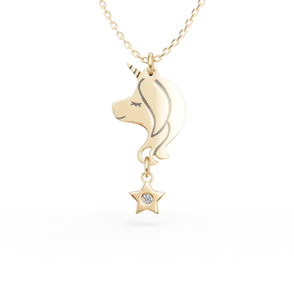 Lant cu pandantiv unicorn din aur galben cu diamant de 0.009ct pentru copii