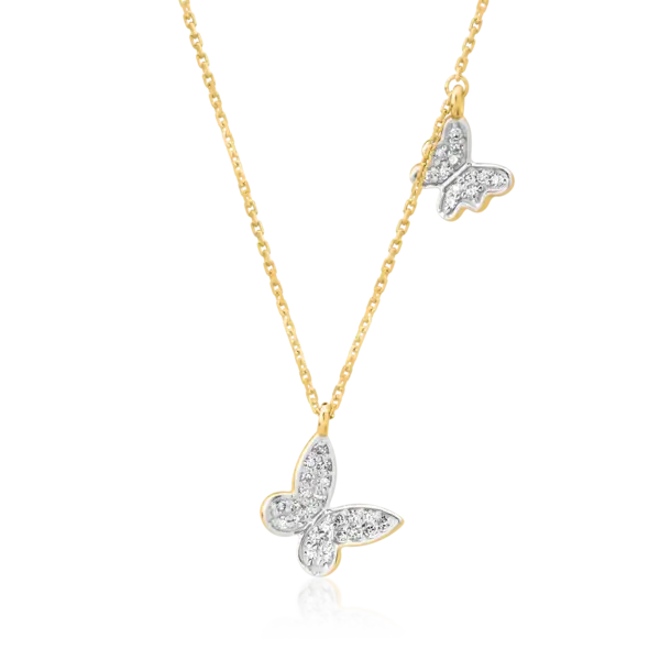 Lant cu pandantive fluturi din aur alb-galben cu diamante de 0.1ct