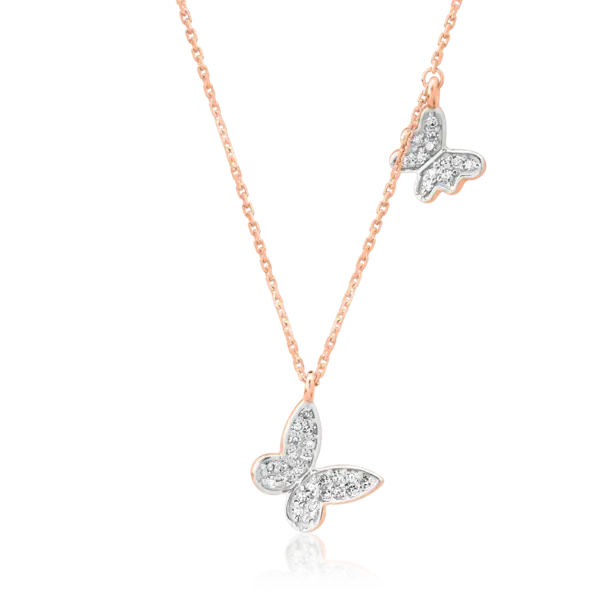 Lant cu pandantive fluturi din aur roz-alb cu diamante de 0.1ct