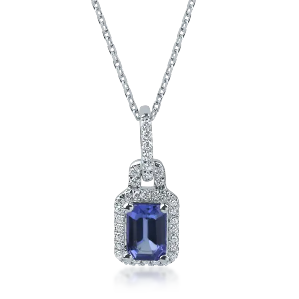Lant din aur alb cu pandantiv tanzanit de 0.9ct si diamante de 0.1ct